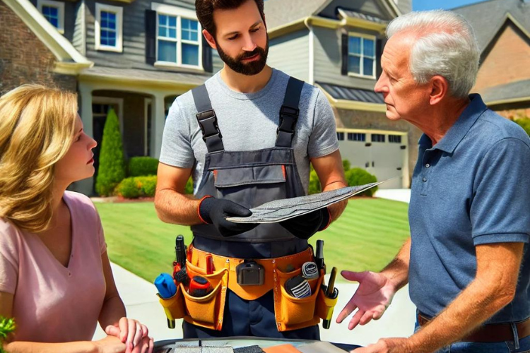 Expert roofer in Sandy Springs showing homeowners roofing material options.